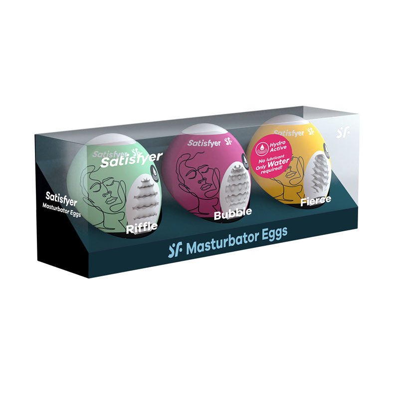 Satisfyer - masturbator eggs - mixed 3 pack #1 -  box side view | Flirtybay.com.au