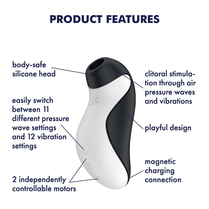 Satisfyer - orca - clitoral suction  + vibration - stimulator - Product side view, with specifications  | Flirtybay.com.au