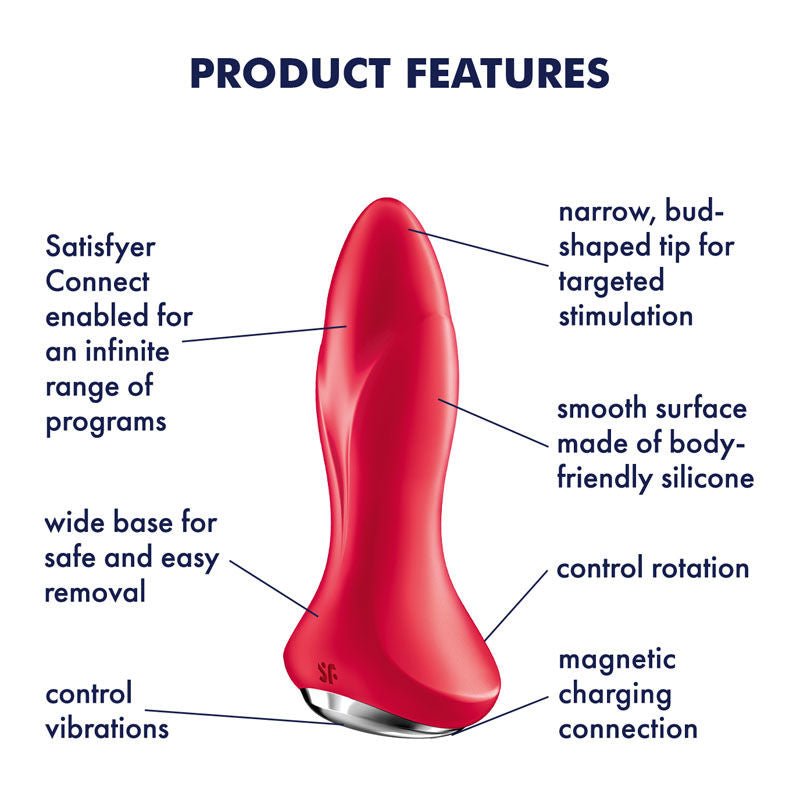 Satisfyer - red rotator vibrating butt plug 1 - Product front view, with specifications  | Flirtybay.com.au