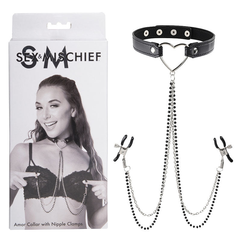 Sex & mischief - amor collar with nipple clamps - Product front view and box front view | Flirtybay.com.au
