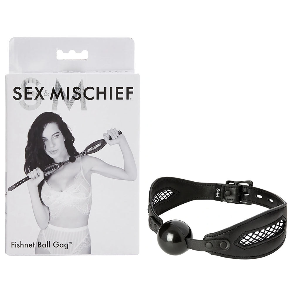Sex & mischief - fishnet ball gag - Product side view and box side view | Flirtybay.com.au