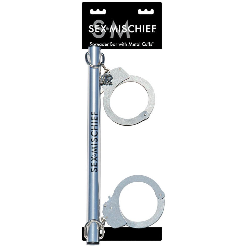Sex & mischief - spreader bar with metal cuffs - Product front view and box front view | Flirtybay.com.au