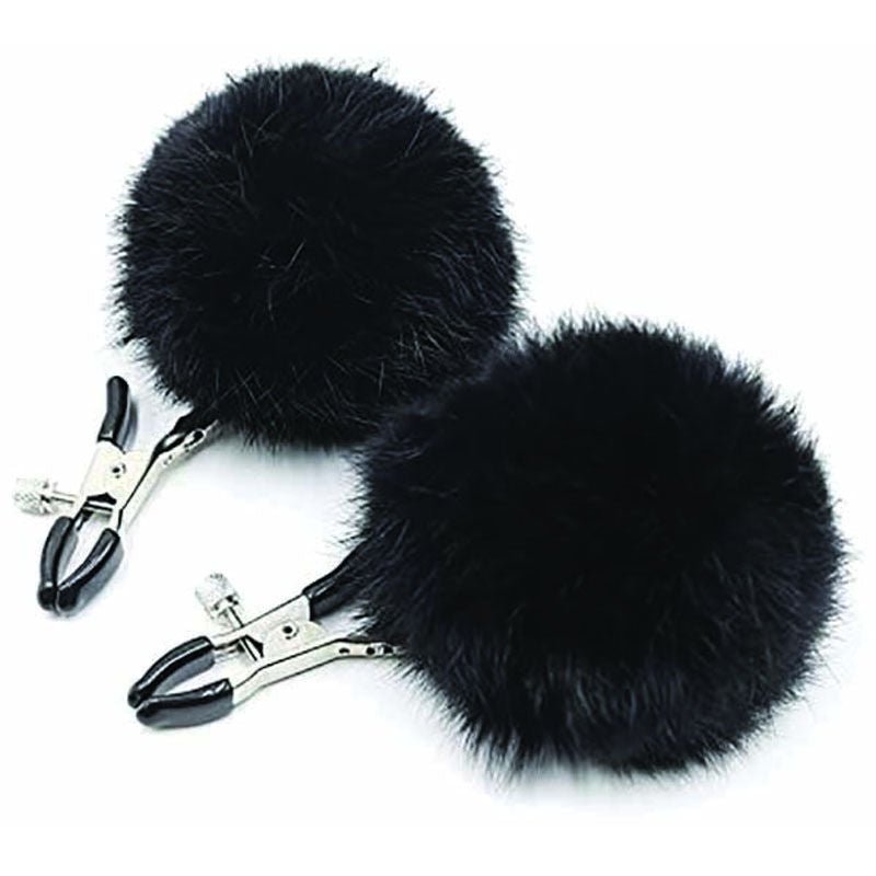 Sexy af - nipple clamps couture puff balls - black, Product front view  | Flirtybay.com.au