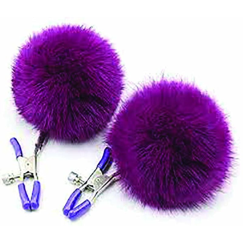 Sexy af - nipple clamps couture puff balls - purple, Product front view  | Flirtybay.com.au