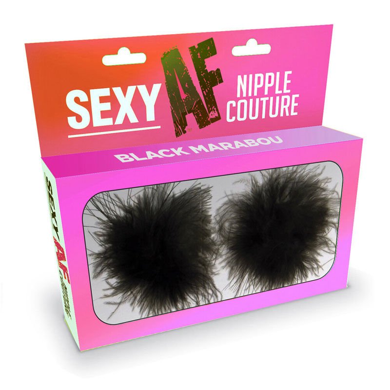 Sexy af - nipple couture marabou - black pasties -  box side view | Flirtybay.com.au