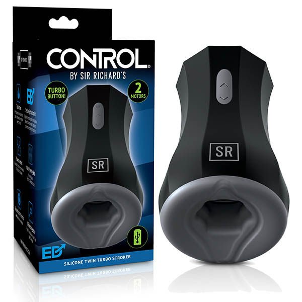 Sir richards - silicone twin turbo stroker - Product front view and box front view | Flirtybay.com.au