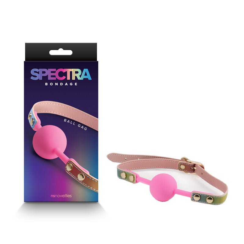 Spectra bondage - ballgag - rainbow - Product front view and box front view | Flirtybay.com.au