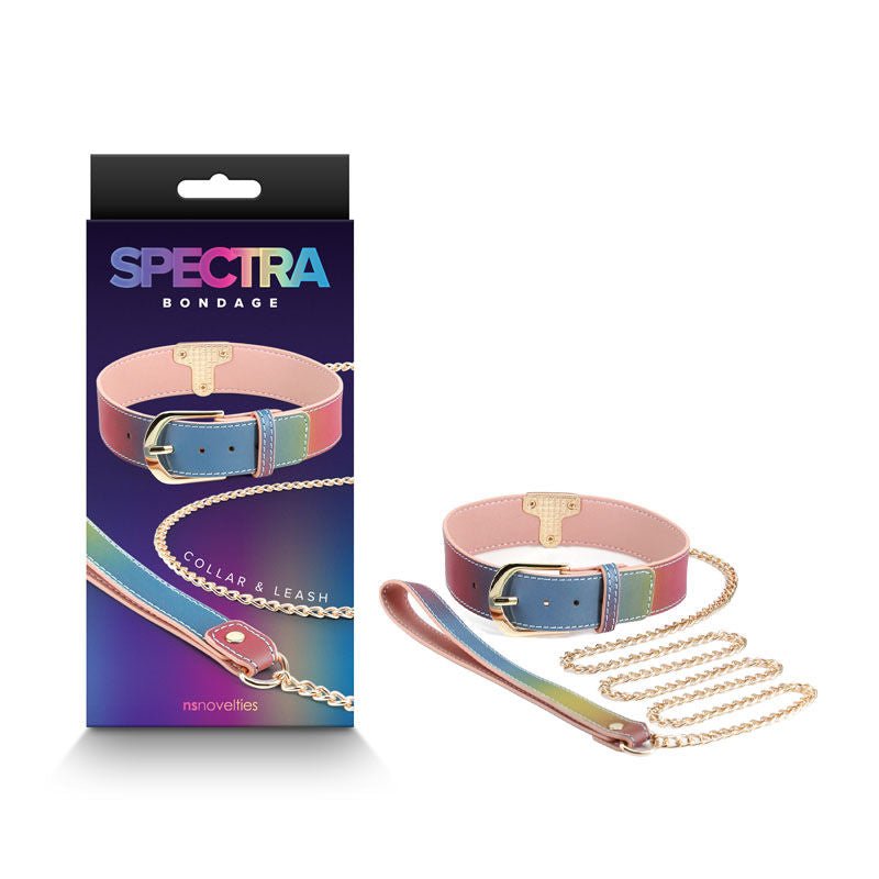 Spectra bondage - collar & leash - rainbow - Product front view and box front view | Flirtybay.com.au