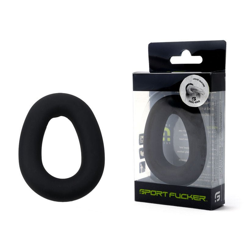 Sport fucker - hero cock ring - black, Product front view and box front view | Flirtybay.com.au