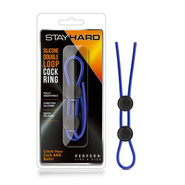 Stay hard - silicone double loop cock ring - blue, Product front view and box front view | Flirtybay.com.au