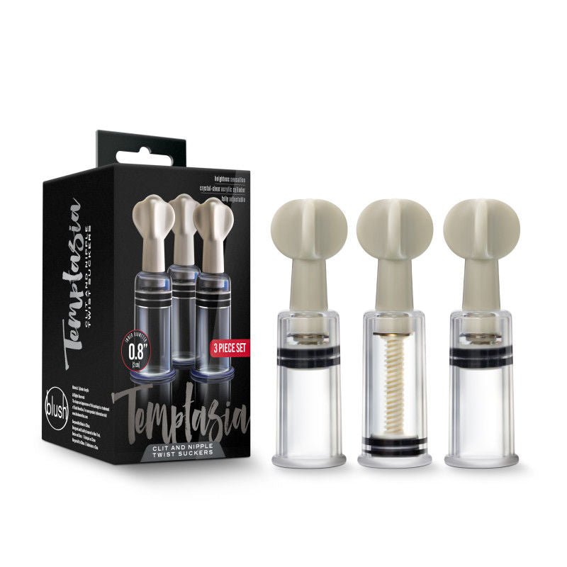 Temptasia - clitoral & nipple twist suckers - Product front view and box side view | Flirtybay.com.au