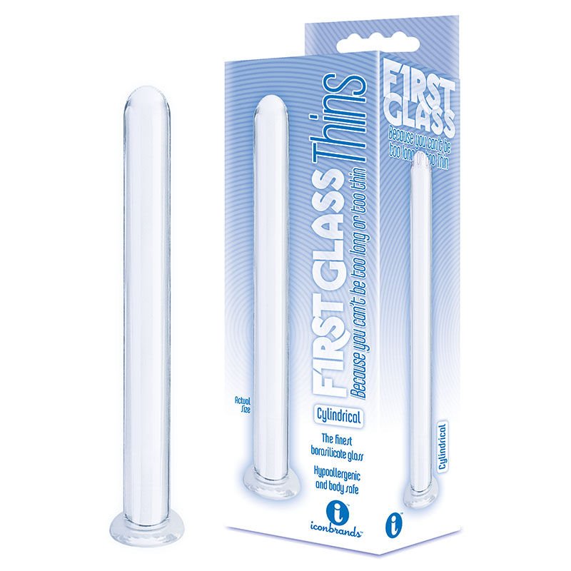 The 9's - first glass thins - clyndrical dildo - Product front view and box side view | Flirtybay.com.au