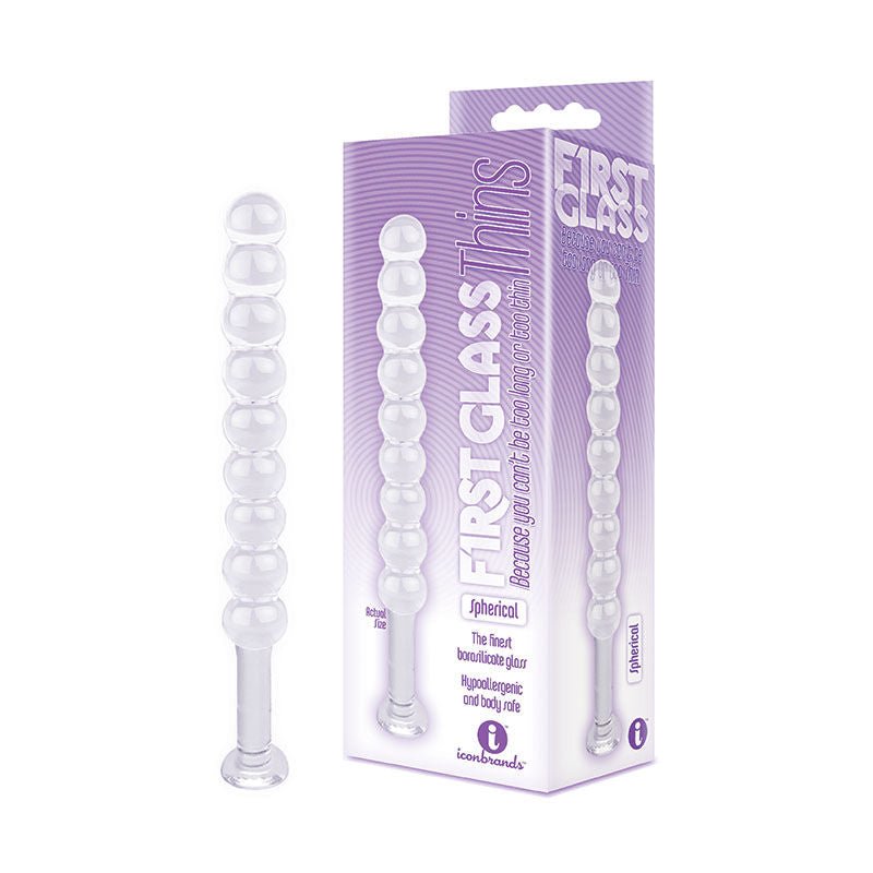 The 9's - first glass thins - spherical dildo - Product front view and box side view | Flirtybay.com.au