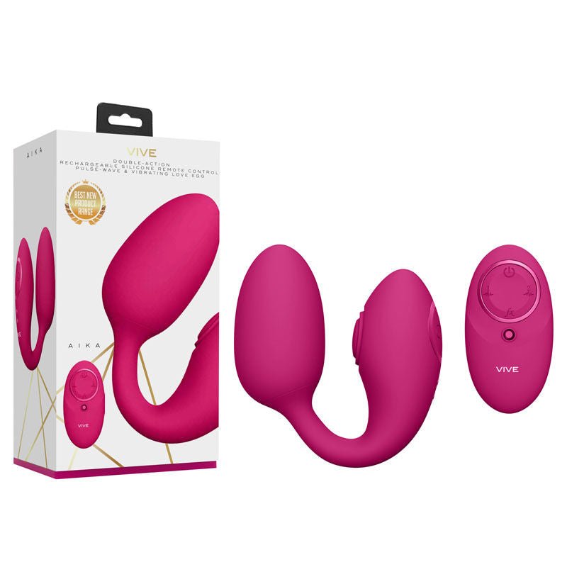 Vive - aika - remote control g-spot and clitoral vibrator - Product front view and box side view | Flirtybay.com.au