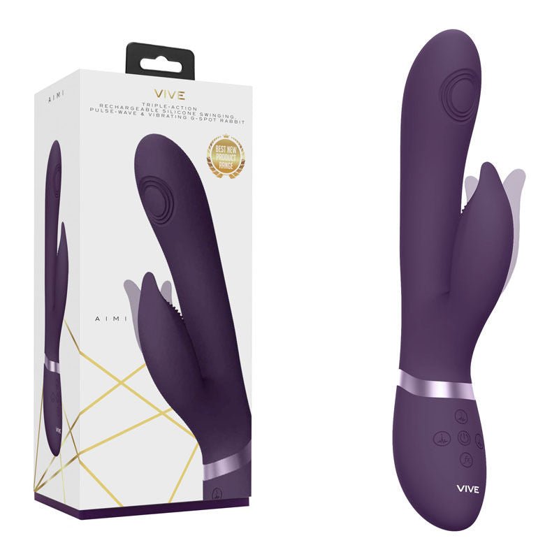Vive - aimi - 3x motor swinging rabbit vibrator - Product front view and box side view | Flirtybay.com.au