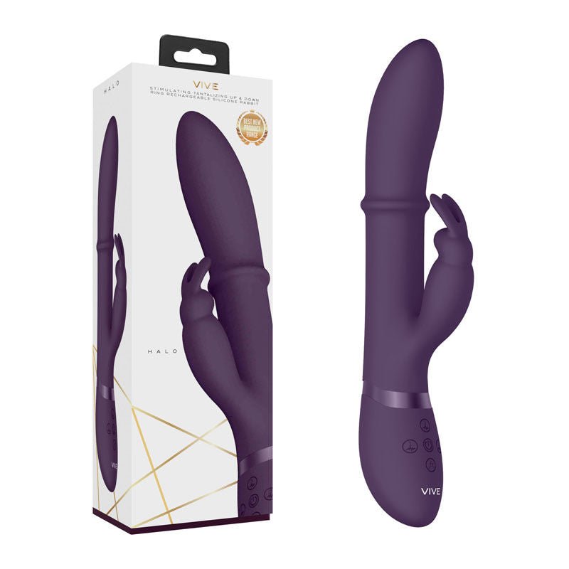 Vive - halo - rabbit vibrator - Product side view and box side view | Flirtybay.com.au