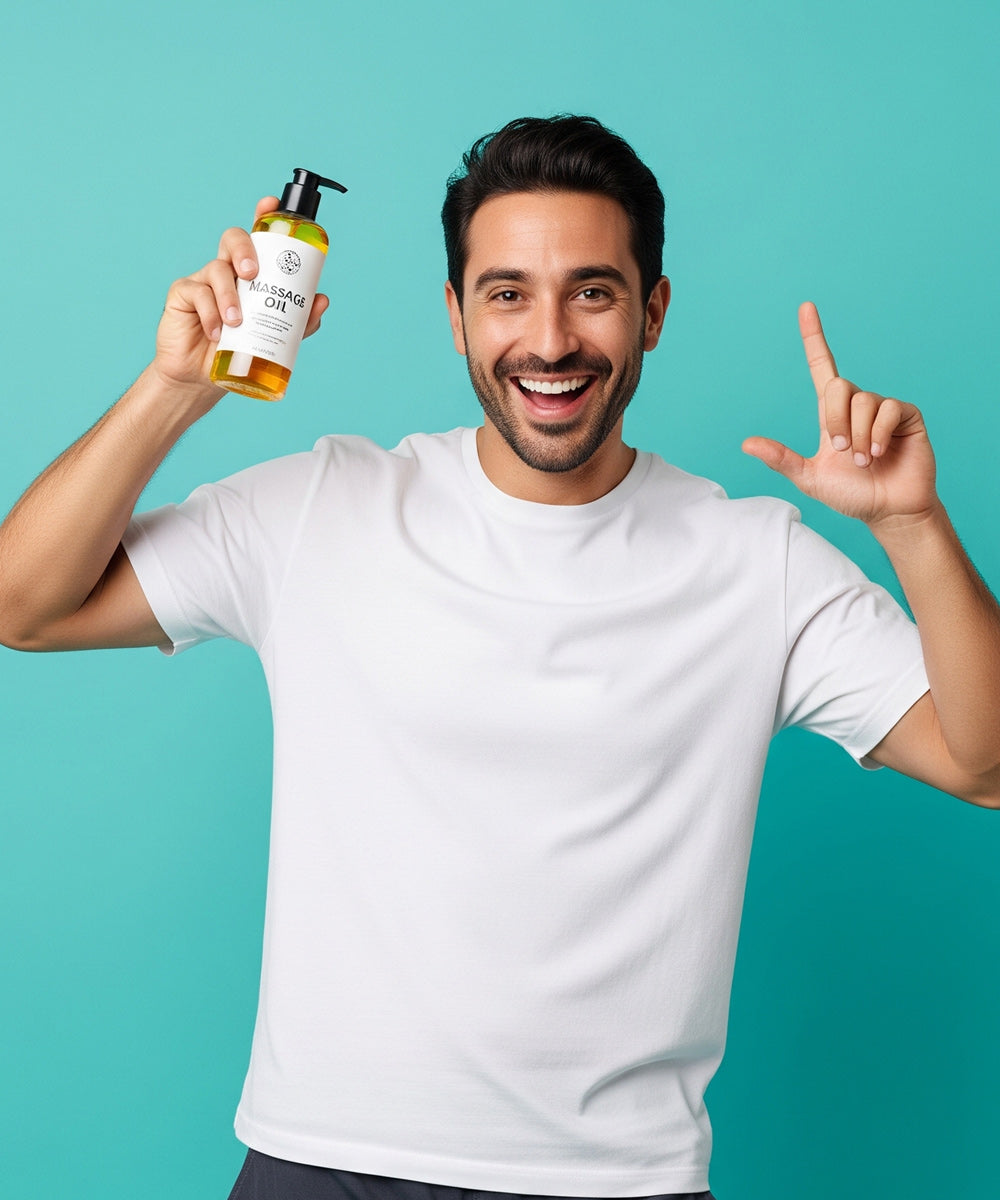 1 man smiling and happy, holding a lubricant in one hand | Flirty bay online adult store, adult toys and lingerie