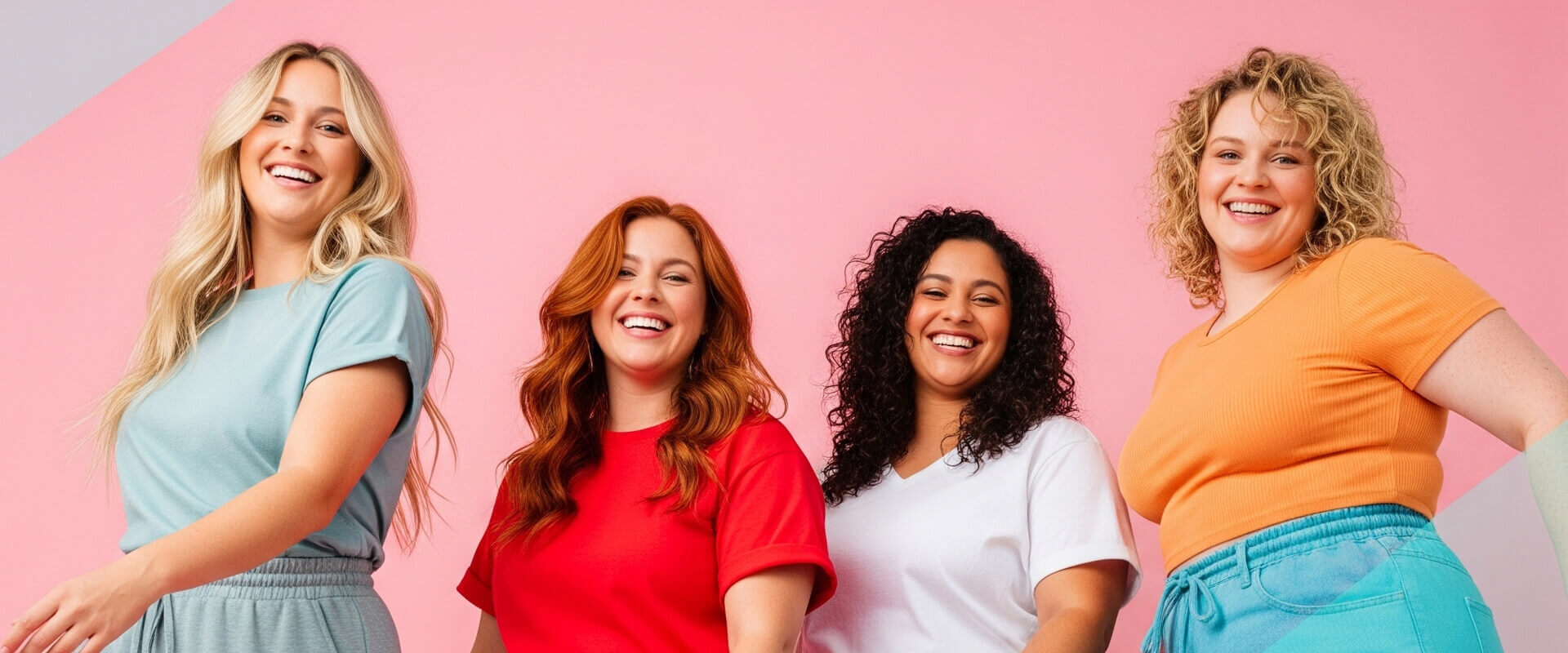 4 women smiling on a pink background | Flirty bay adult store and sex toys