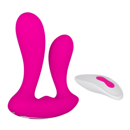 Adam & Eve Toys, Rechargeable Pink Dual Entry Vibe - Vibrator side view with remote control on it right side on a white background | Flirty Bay Adutl Store and female sex toys in Perth Australia