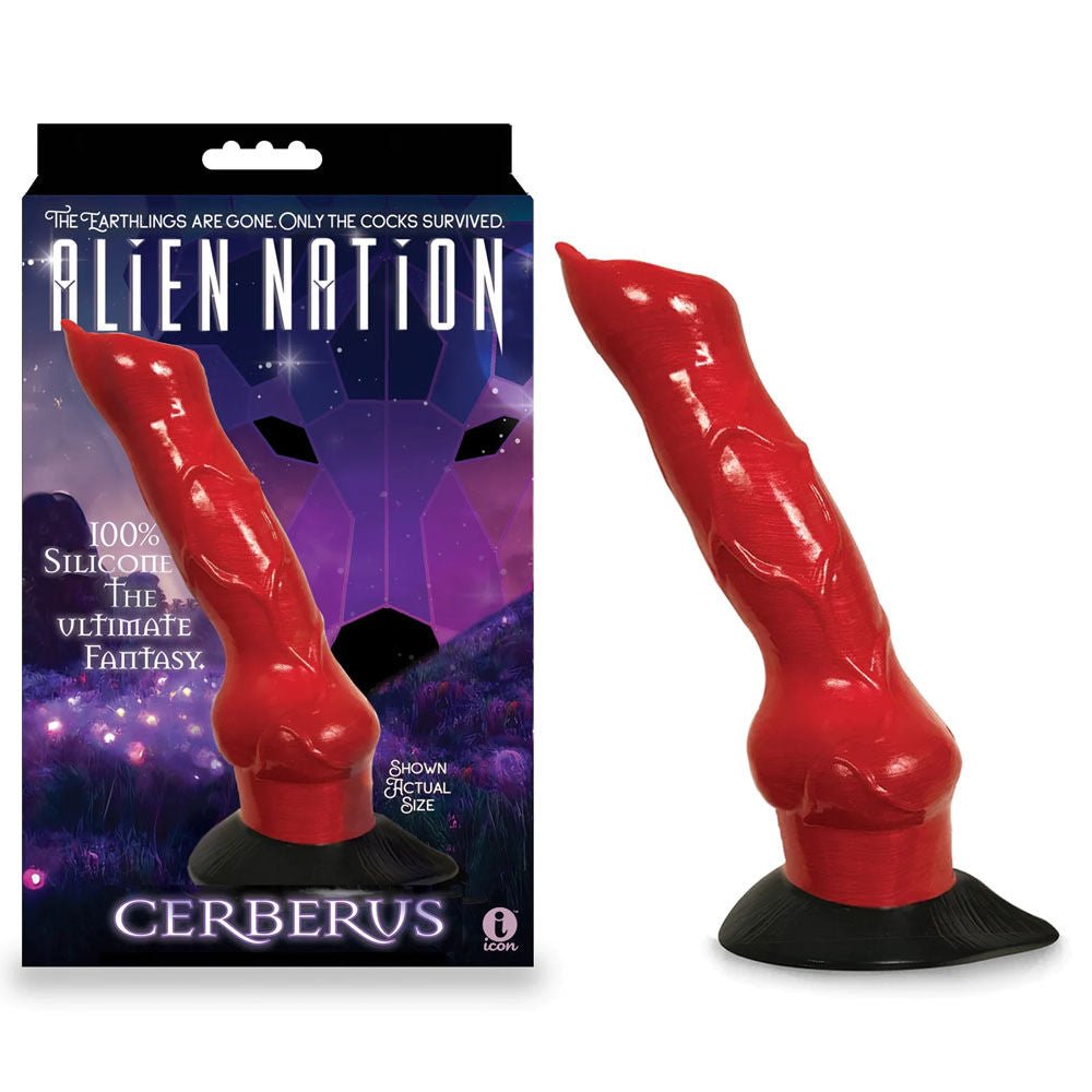 Alien nation - cerberus - suction dildo 8" - Product side view and box front view | Flirtybay