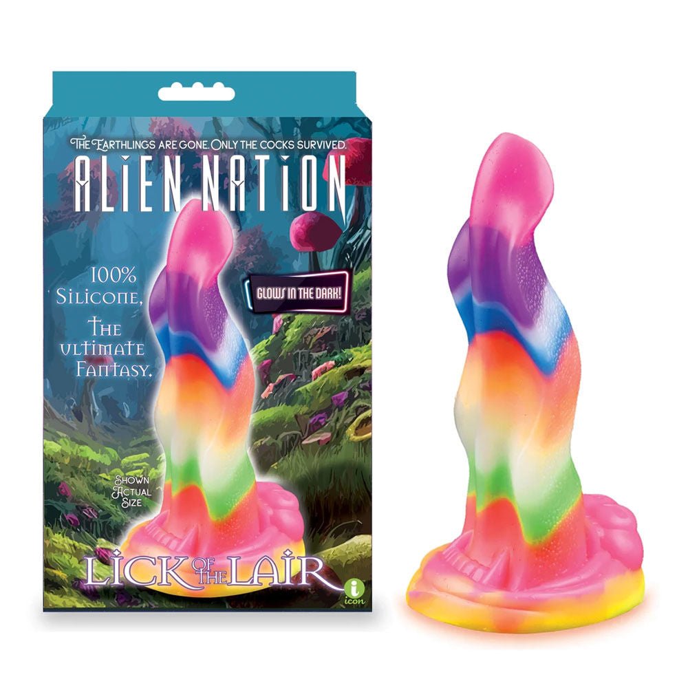 Alien nation - lick of the lair - suction dildo 7" - Product side view and box front view | Flirtybay