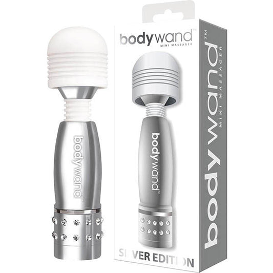 Bodywand Mini Vibrating Wand silver front, with the box | Flirtybay.com.au