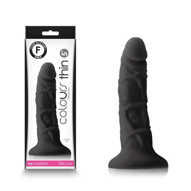 Colours pleasures - thin 5'' dildo - black - Product front view and box front view | Flirtybay Adult Shop Australia Lingerie Shop