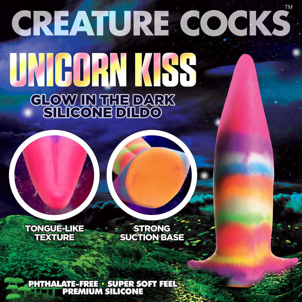 Creature - cocks unicorn kiss silicone dildo - Product front view, with specifications  | Flirtybay adult store australia