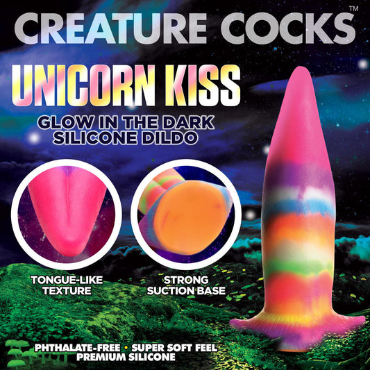 Creature - cocks unicorn kiss silicone dildo - Product front view, with specifications  | Flirtybay adult store australia
