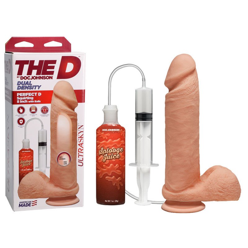 Doc johnson - the d perfect d squirting cock 8'' with balls - Product front view and box front view | Flirtybay