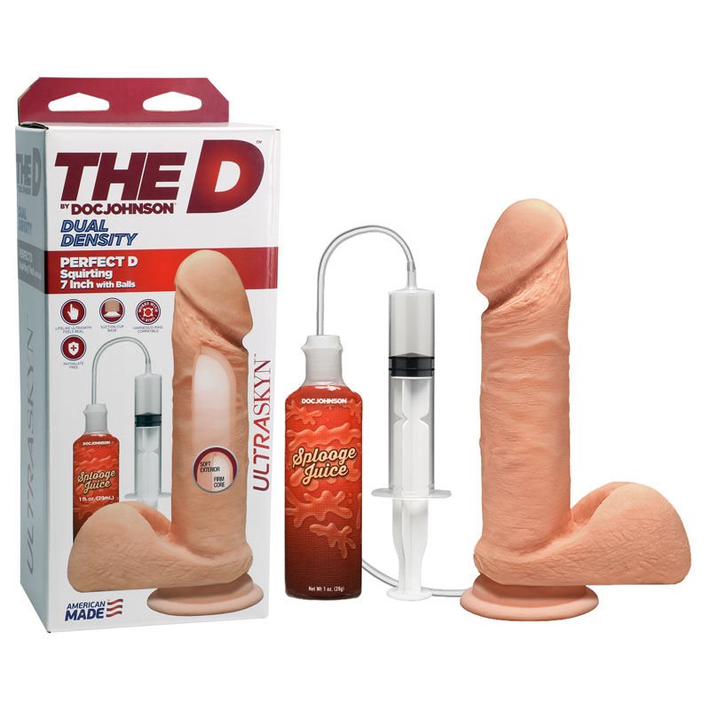 Doc johnson - the d perfect squirting  dildo 7'' with balls - Product front view and box front view | Flirtybay