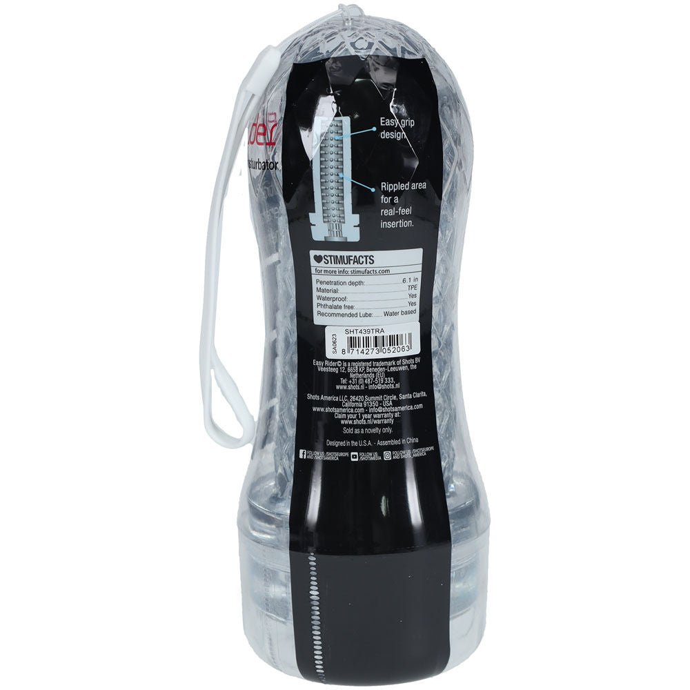 Back view of the Shots Easy Rider male masturbator, highlighting the closed end and overall design on a white background | Flirty Bay adult store Perth