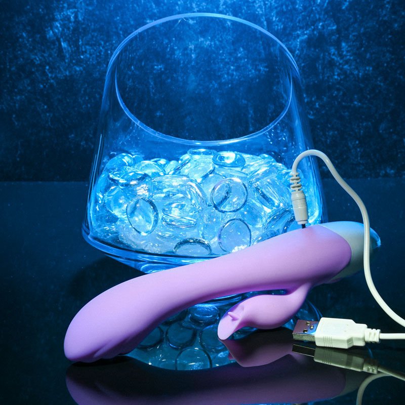 Evolved - pleasing petal - rabbit vibrator - Product bottom view, with charger  | Flirtybay