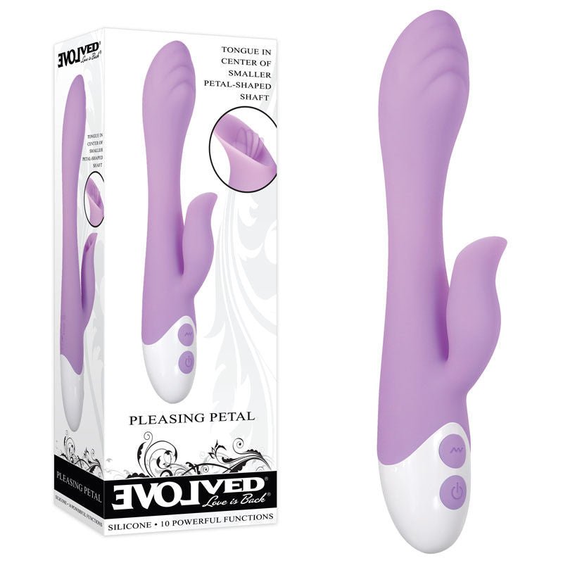 Evolved - pleasing petal - rabbit vibrator - Product side view and box side view | Flirtybay