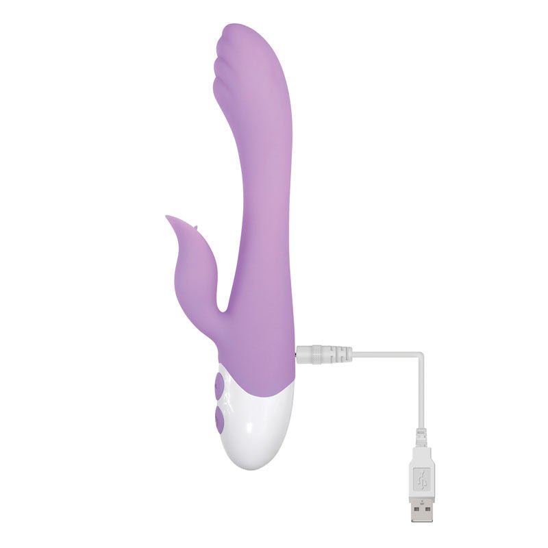 Evolved - pleasing petal - rabbit vibrator - Product side view, focus on charging | Flirtybay