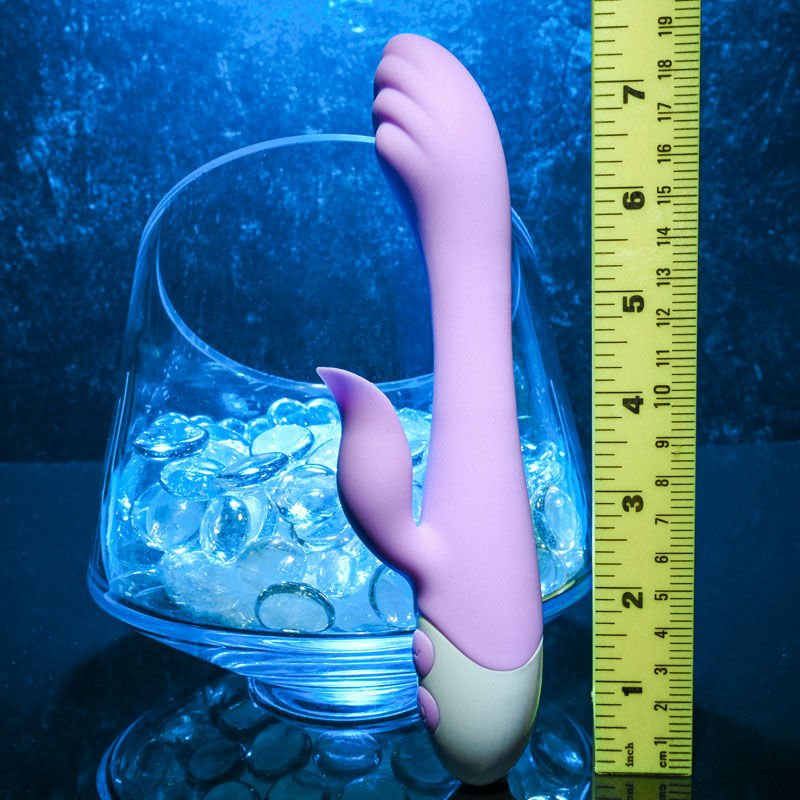 Evolved - pleasing petal - rabbit vibrator - Product side view, with dimensions  | Flirtybay