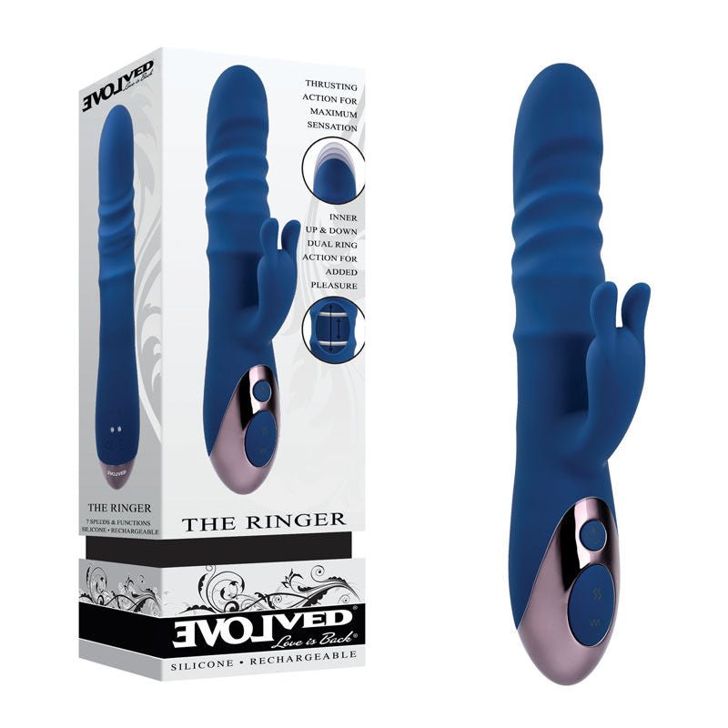Evolved - the ringer - thrusting rabbit vibrator - Product side view and box side view | Flirtybay
