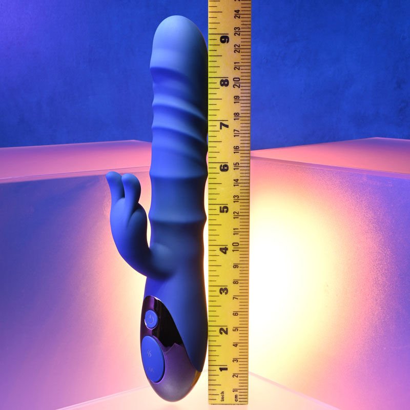 Evolved - the ringer - thrusting rabbit vibrator - Product side view, with sizes  | Flirtybay