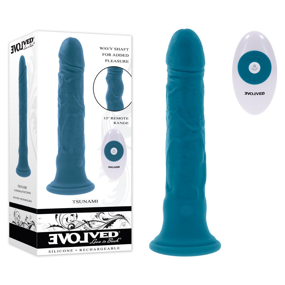 Evolved - tsunami - controlled vibrating dildo Blue- Product front view and box front view | Flirtybay Adult Shop Australia Lingerie Shop