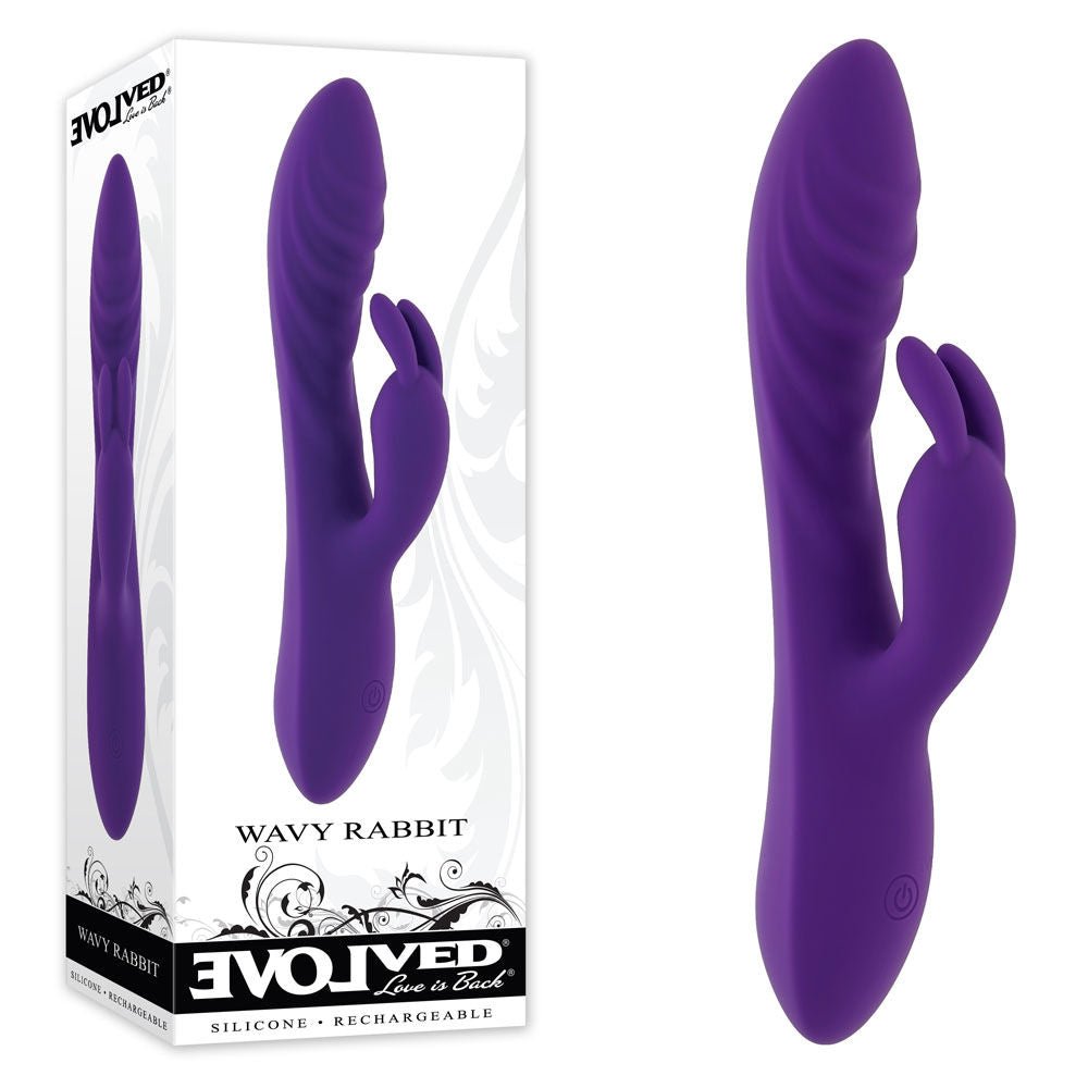Evolved - wavy rabbit vibrator - Product side view and box side view | Flirtybay