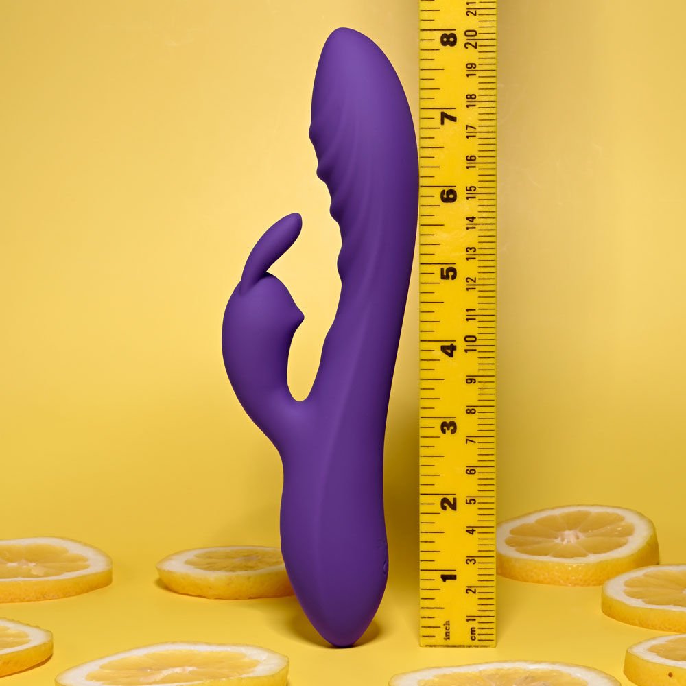 Evolved - wavy rabbit vibrator - Product side view, with dimensions  | Flirtybay