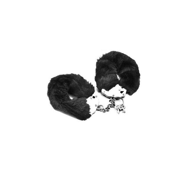 Fetish Pleasure Fluffy Hand Cuffs, black, front view | Flirtybay.com.au