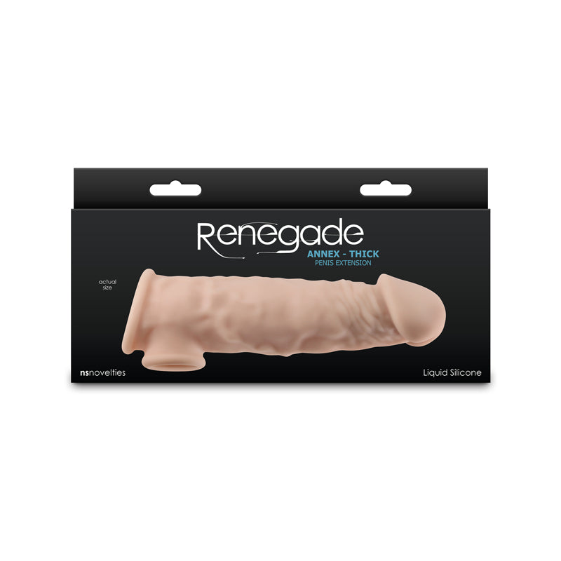 Flesh Renegade Annex Thick Penis Extender 7.3” side view of packaging | Flirty Bay, male sex toys in Perth Australia