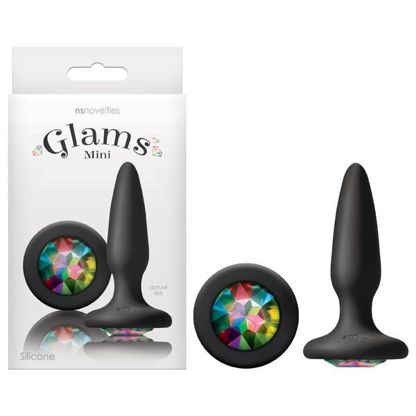 Glams - mini black beginner silicone butt plug - Product front view and box front view | Flirtybay