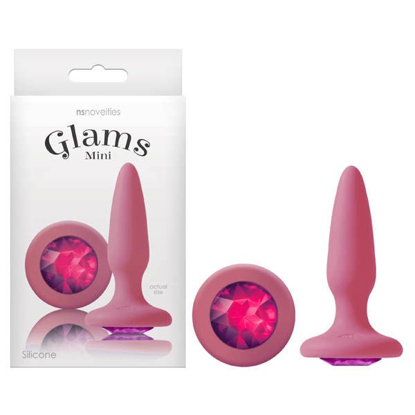Glams - mini pink beginner silicone butt plug - Product front view and box front view | Flirtybay