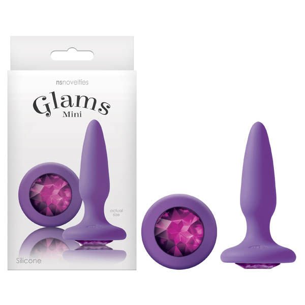 Glams - mini purple beginner silicone butt plug - Product front view and box front view | Flirtybay