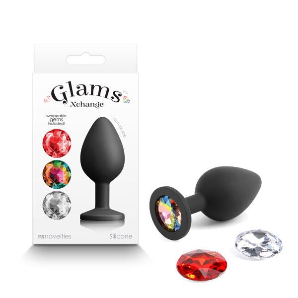 Glams - xchange round - silicone anal plug - medium-size, Product front view and box side view | Flirtybay.com.au