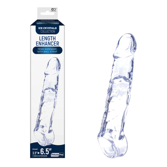 One front view of the Ice Crystals - Length Enhancer Penis Extender with its packaging on the left side, on a white background | Flirty Bay, male sex toys in Perth Australia