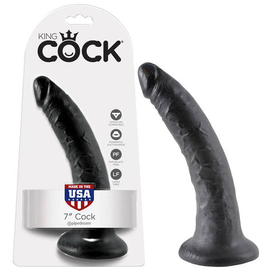King Cock 7", black, front view and box | Flirtybay.com.au