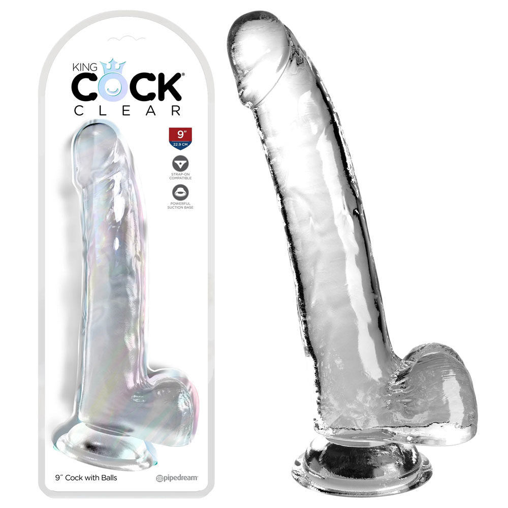King cock  9'' clear dildo with balls - Product side view and box side view | Flirtybay-adult-store-australia